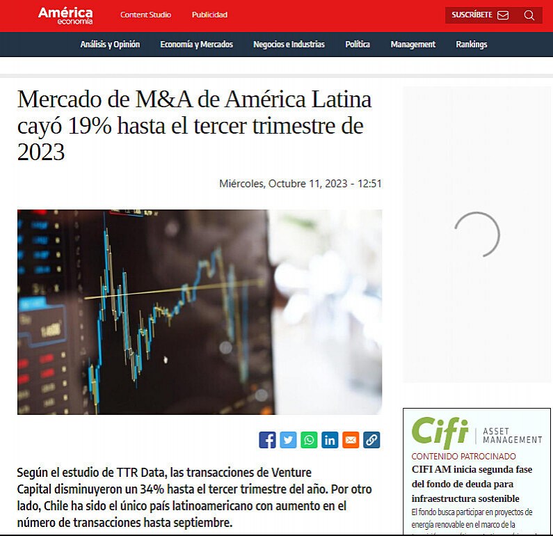 Mercado de M&A de Amrica Latina cay 19% hasta el tercer trimestre de 2023